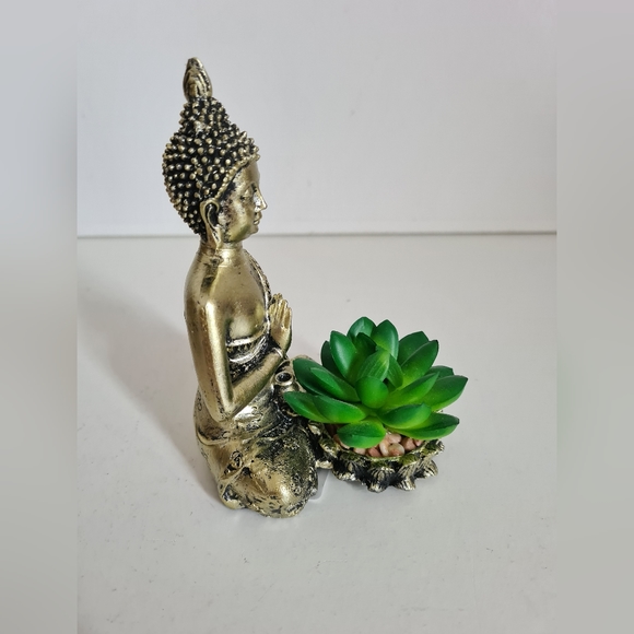 Gold Buddha ornament with succulent figurine distressed home decor New - Picture 2 of 4